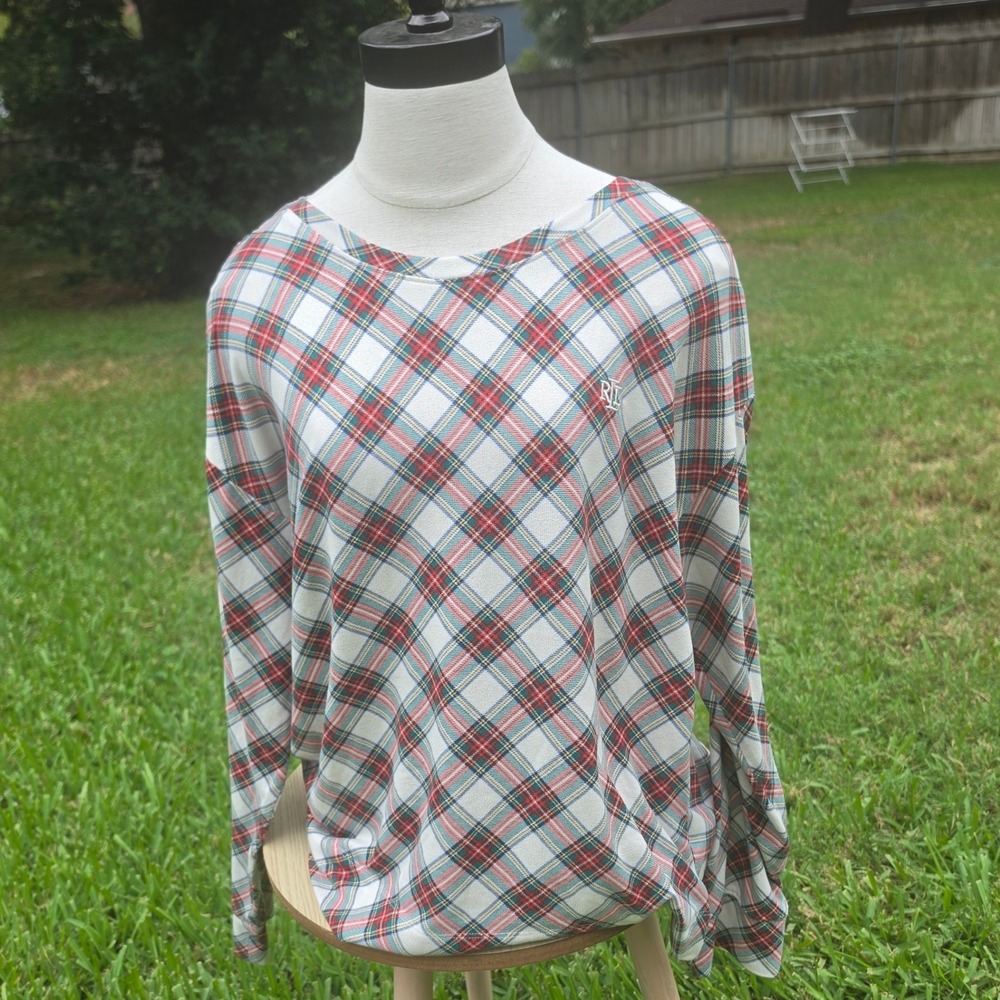 Lauren Ralph Lauren Womens Large Plaid Long Sleeve Knit Top RLL Monogram Red